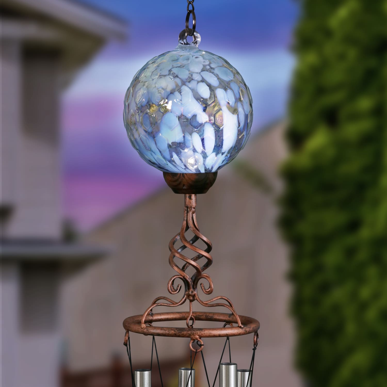 Solar Pearlized Blue Honeycomb Glass Ball Wind Chime with Metal Finial Detail - Thumbnail 4