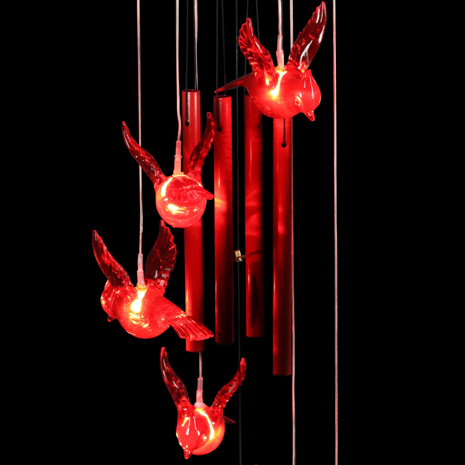 Solar Cascading Red Cardinal Acrylic and Metal Wind Chime with LED lights - Thumbnail 2