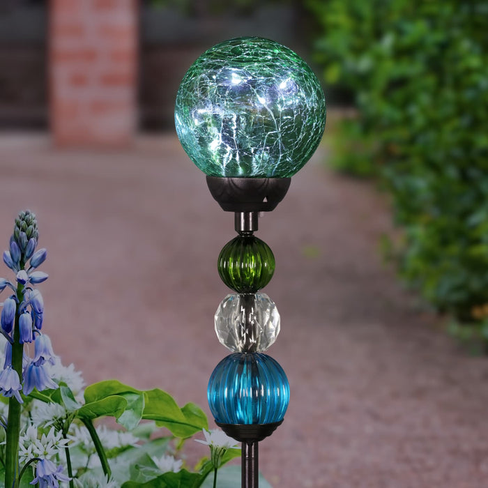 Solar Green Crackle Glass Ball Garden Stake with Six LED lights and Bead Details, 4 by 30 Inches