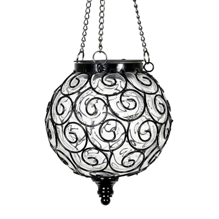 Solar Round Clear Glass and Metal Hanging Lantern with 15 Warm White LED Firefly String Lights, 7 by 21 Inches