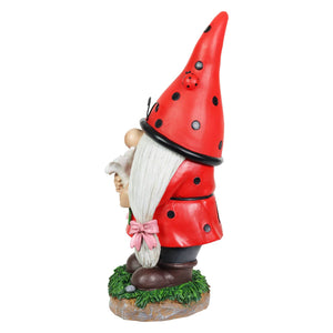 Solar Ladybug Hat Lady Gnome Statue with Pink Flower, 5 by 12.5 Inches | Shop Garden Decor by Exhart