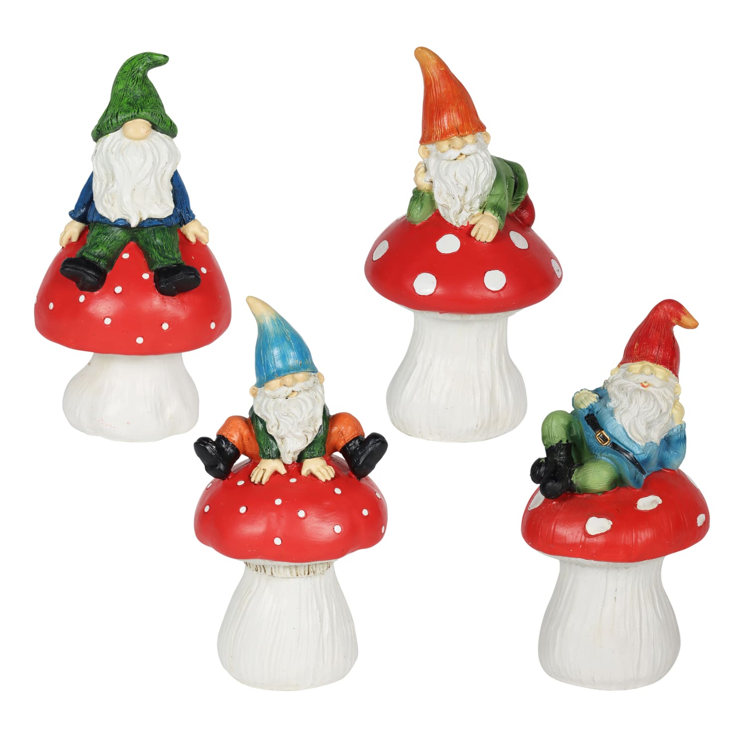 4 Piece Set of Can't See Hat Garden Gnomes on Mushrooms Statuary