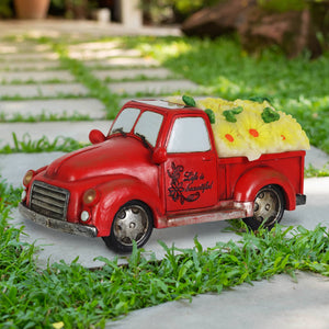 Solar Retro Red Truck with Yellow LED Sunflowers Garden Statuary, 5 Inch | Shop Garden Decor by Exhart