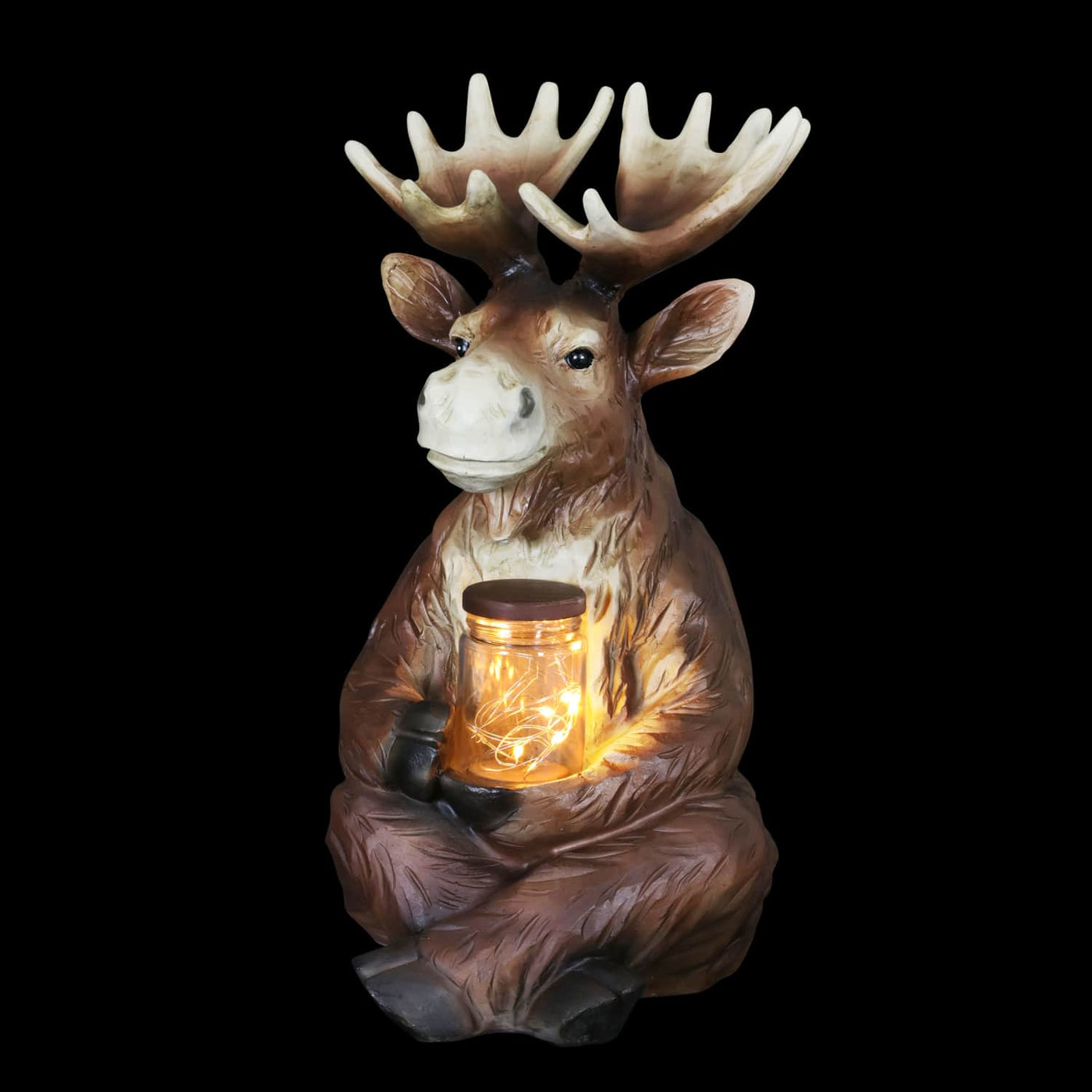 Solar Moose Garden Statue Holding a Glass Jar with Eight LED Firefly ...