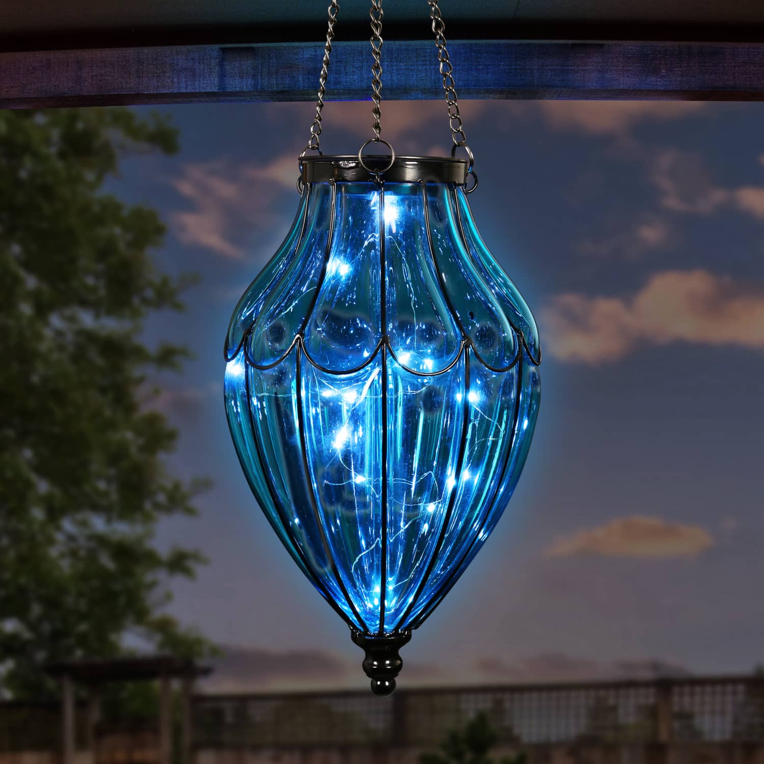 Solar Blue Glass Hanging Lantern with Waving Metal Pattern - Thumbnail 2
