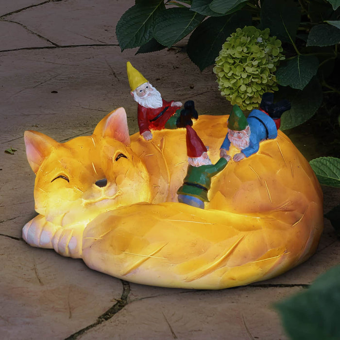 Solar Wood Like Fox with Gnomes Garden Statuary, 6 by 10 Inches