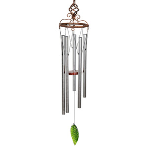 Solar Metal Wire and Glass Wind Chime in Sea Blue with Looping Pattern and Nine LED Fairy Firefly String Lights, 6  by 32 Inches | Exhart