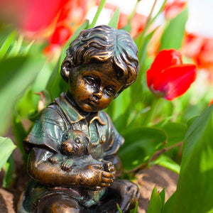 Bronze Look Boy and Puppy Statue, 10.5 Inches | Shop Garden Decor by Exhart