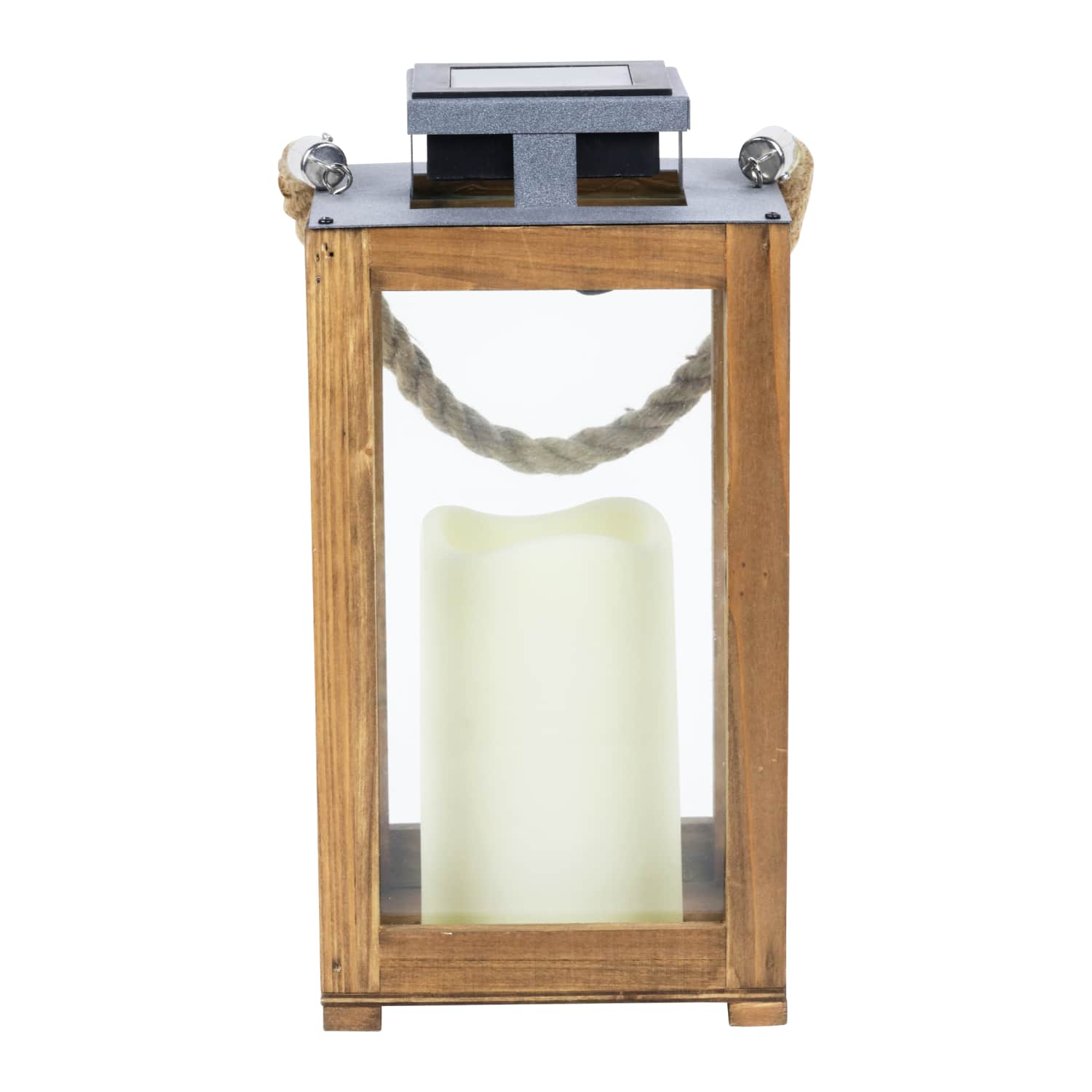 Solar Wood and Glass Lantern w/LED Candle