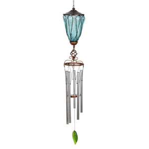Solar Metal Wire and Glass Wind Chime in Sea Blue with Looping Pattern and Nine LED Fairy Firefly String Lights, 6  by 32 Inches | Exhart