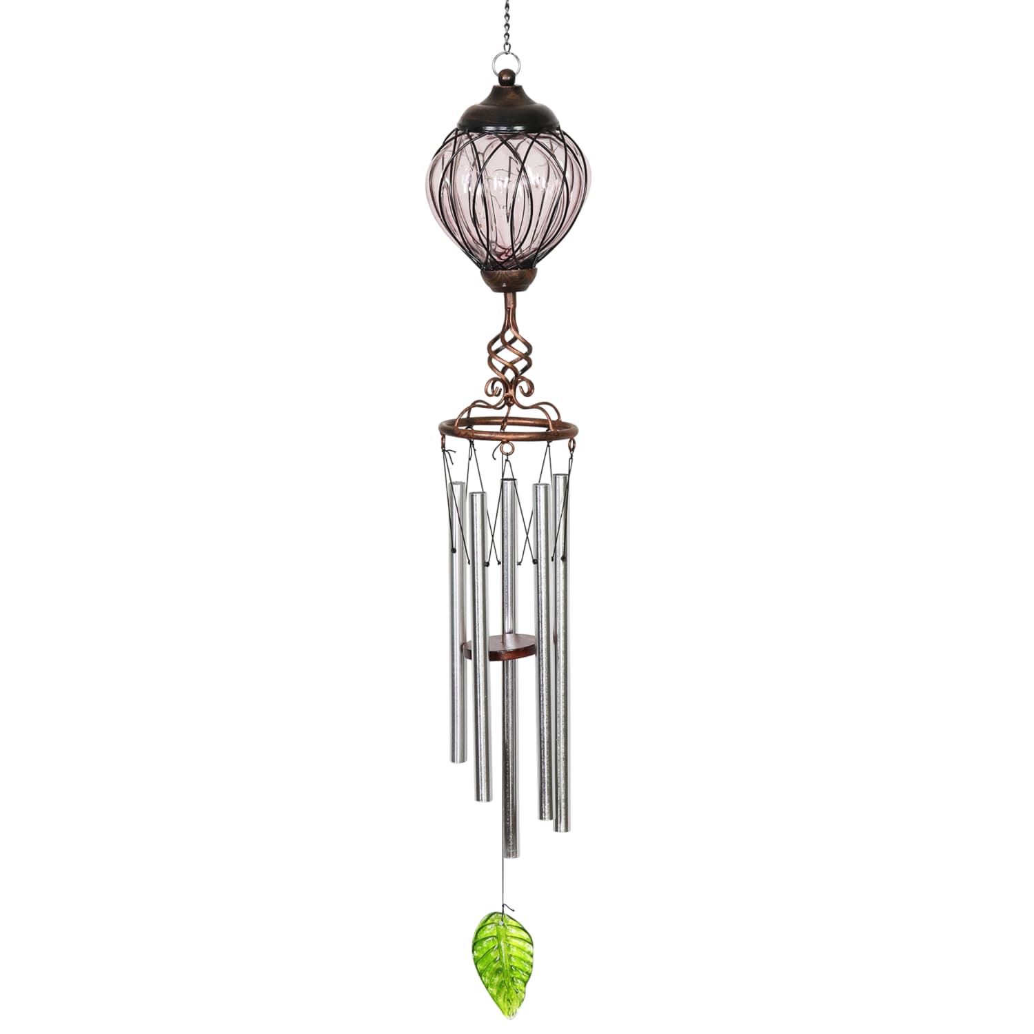 Solar Metal Wire and Glass Wind Chime in Lavender with Linking Oval Pattern and Nine LED Fairy Firefly String Lights