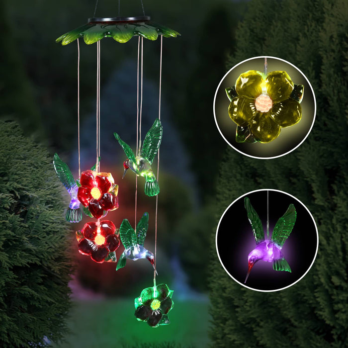Solar Hummingbirds and Flowers Hanging Mobile with 6 Color Changing LEDs, 7 by 27.5