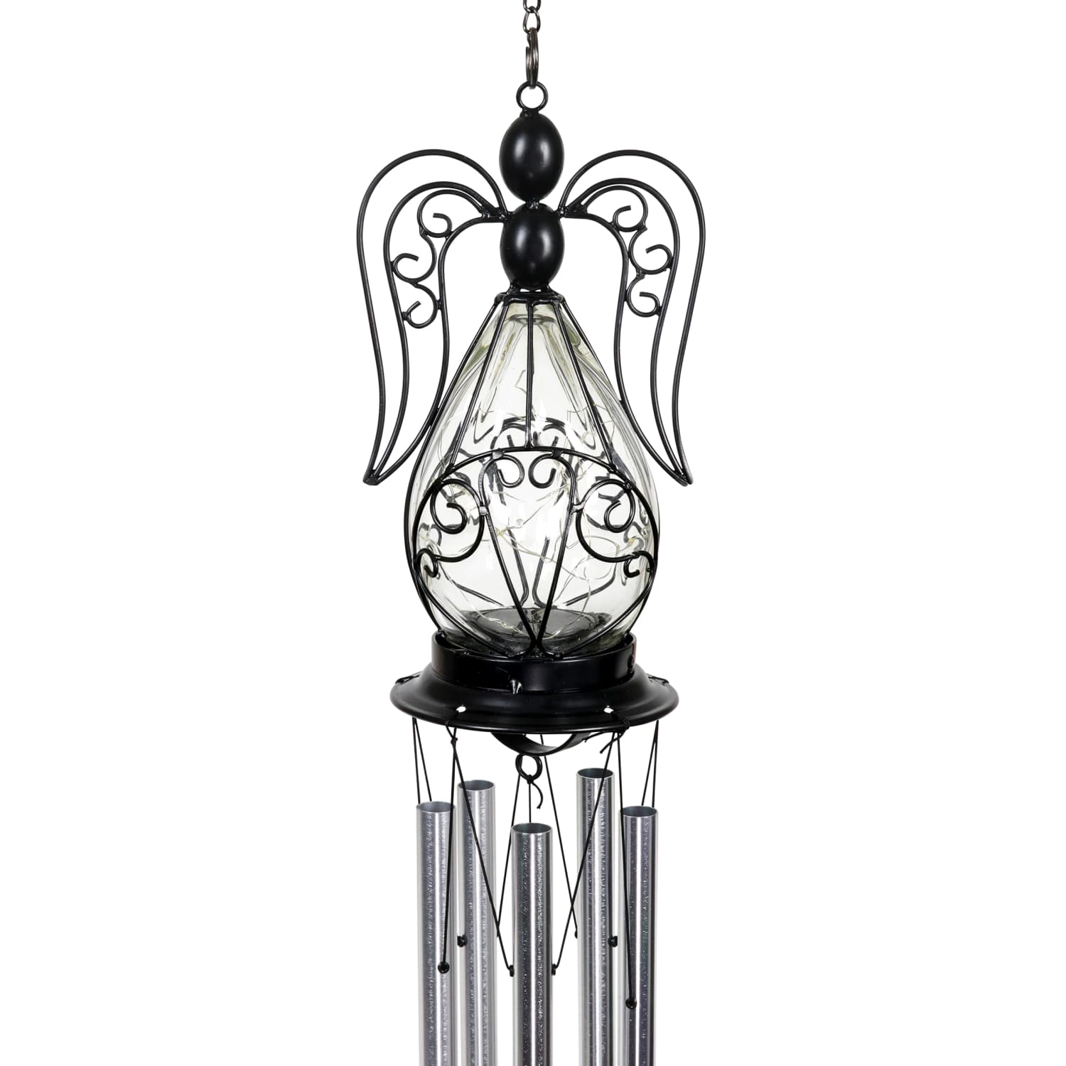 Solar Angel Glass and Metal Wind Chime with Fifteen LED Lights