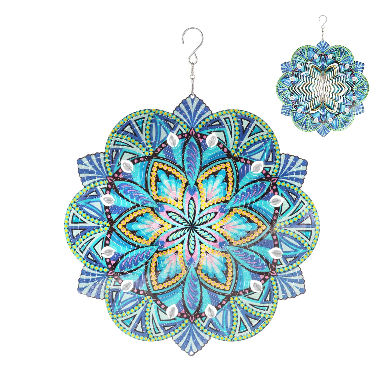 Laser Cut Teal Metal Daisy Mandala Hanging Spinner - Thumbnail 4