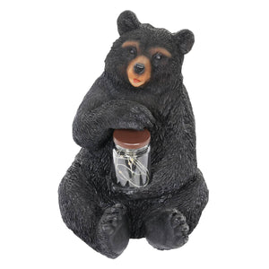 Solar Bear Garden Statue Holding A Glass Jar with Eight LED Firefly String Lights, 8.5 x 10.5 Inch | Exhart