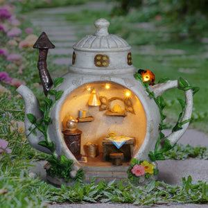 Solar Teapot House with Kitchen Scene Garden Statue, 6 by 9 Inches | Shop Garden Decor by Exhart