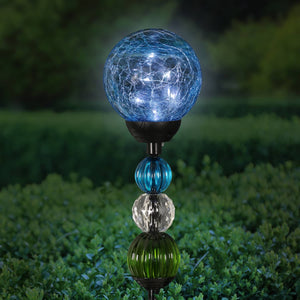 Solar Blue Crackle Glass Ball Garden Stake with Six LED Lights and Bead Details, 4 by 30 Inches | Shop Garden Decor by Exhart