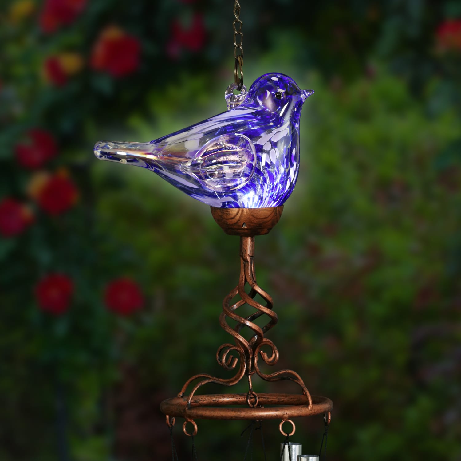 Solar Hand Blown Pearlized Glass Bird Wind Chime in Blue - Thumbnail 4