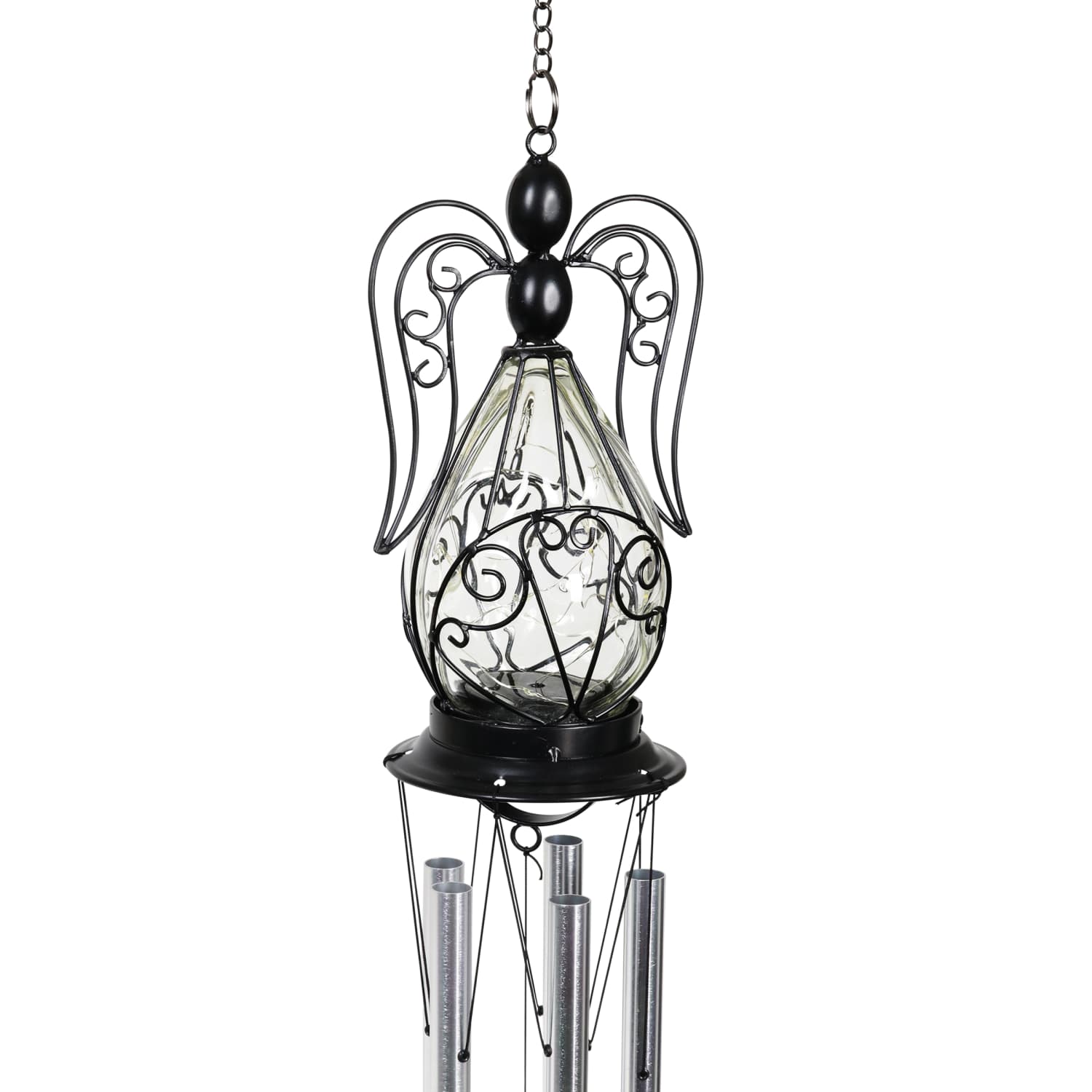 Solar Angel Glass and Metal Wind Chime with Fifteen LED Lights - Thumbnail 3