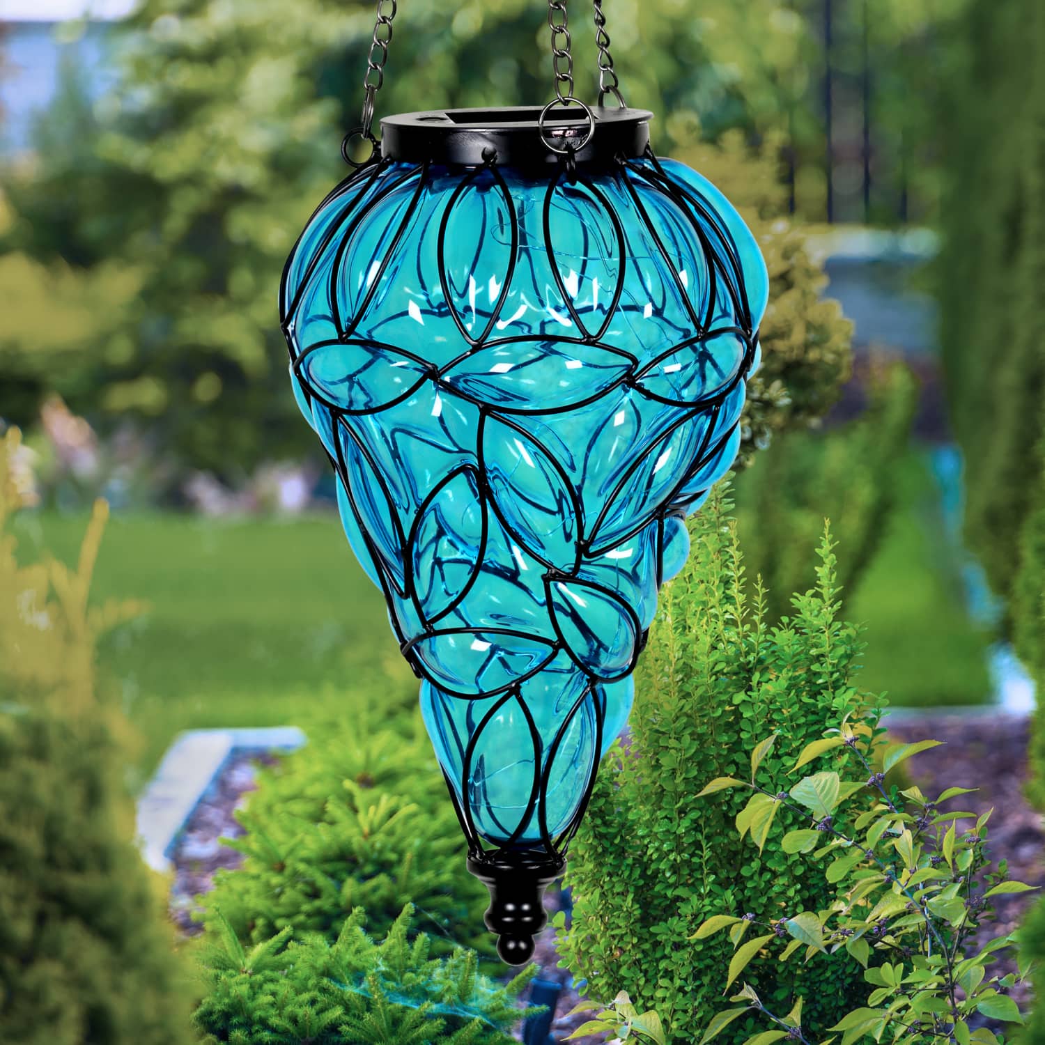 Solar Tear Shaped Glass and Metal Hanging Lantern in Blue with 15 Cool White LED Firefly String Lights, 7 by 24 Inches | Exhart