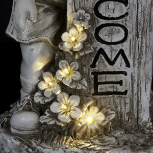 Solar Boy with Welcome Sign Statue in Natural Resin Finish, 17 Inch | Shop Garden Decor by Exhart