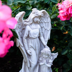 Angel and Little Girl Angel Resin Garden Statue with LED Halo on a Battery Powered Timer, 8 by 14 Inches | Exhart