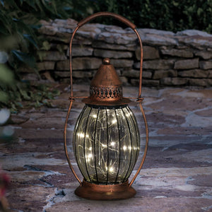 Solar Antique Metal and Clear Glass Accent Lantern with Fifteen LED Fairy Firefly String Lights, 7 by 14 Inches | Exhart