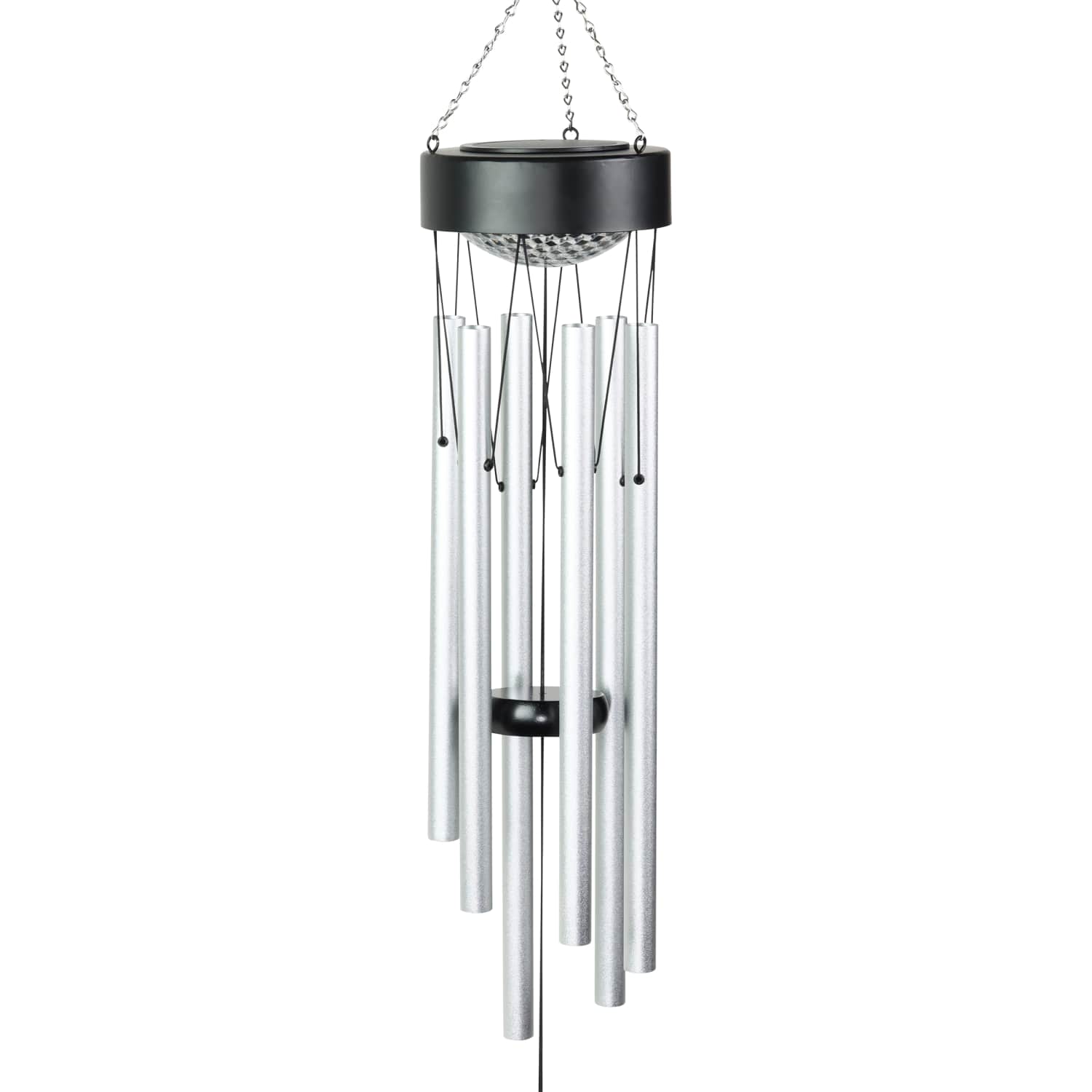 Solar Silver Wind Chime with Black Detailed Top and Round Dangling Charm