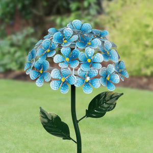 Solar Metal Hydrangea Garden Stake in Turquoise with Twenty Six LED lights, 7 by 21 Inches | Shop Garden Decor by Exhart