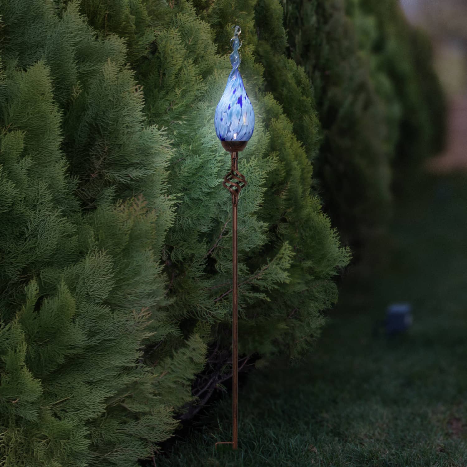 Solar Pearlized Glass Twisted Flame Garden Stake with Metal Finial Detail in Light Blue, 36 Inch | Shop Garden Decor by Exhart