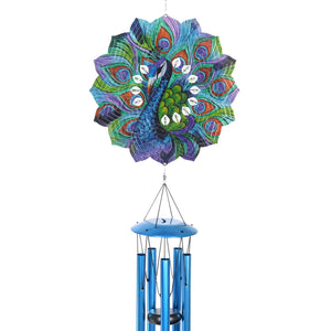 Art-In-Motion Laser Cut Metal Starburst Wind Chime Spinner with Beads and Peacock, 10 Inch Spinner | Exhart