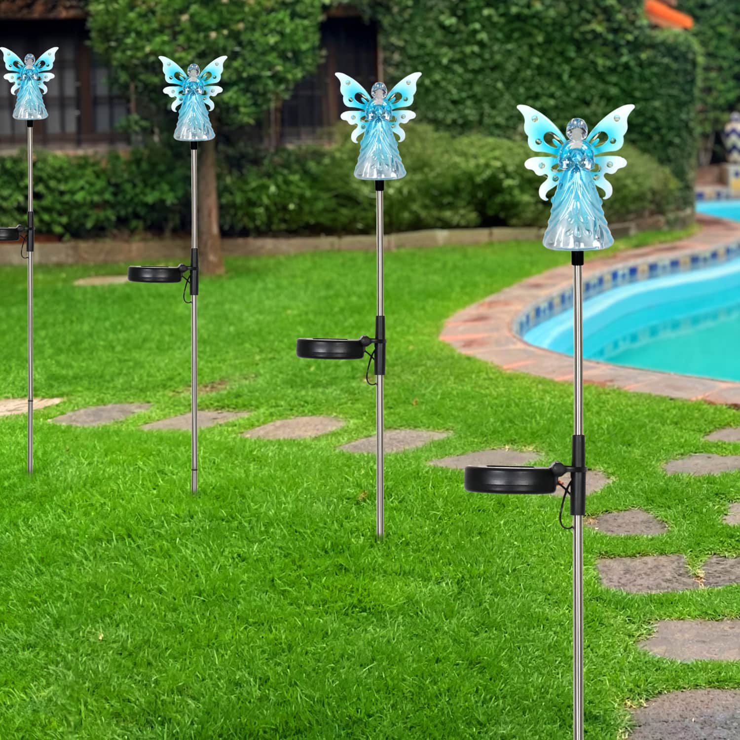 Solar Acrylic Angel with Wings and Twelve LED Lights Metal Garden Stake in Blue, 4 by 34 Inches | Shop Garden Decor by Exhart