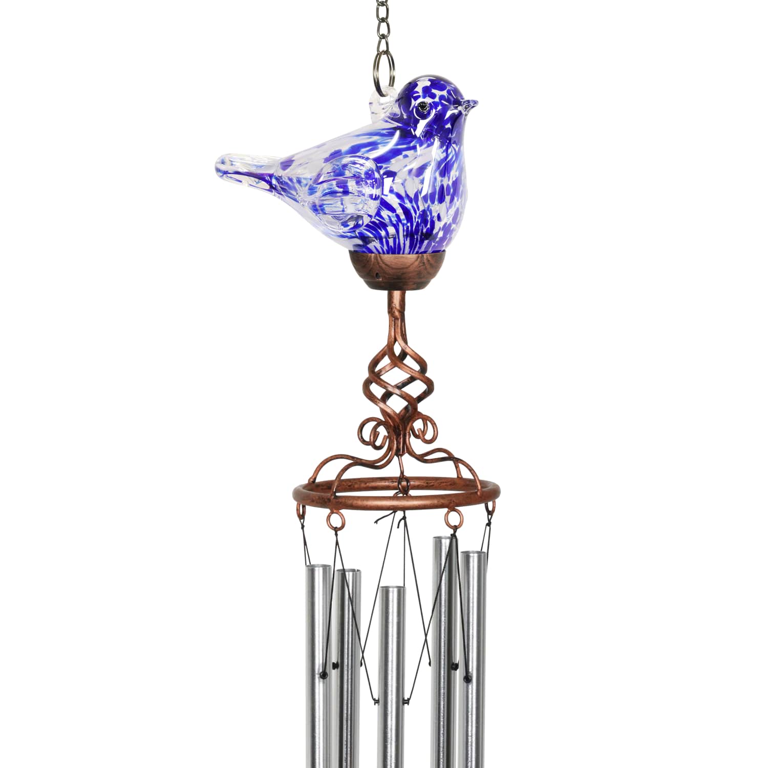 Solar Hand Blown Pearlized Glass Bird Wind Chime in Blue - Thumbnail 2