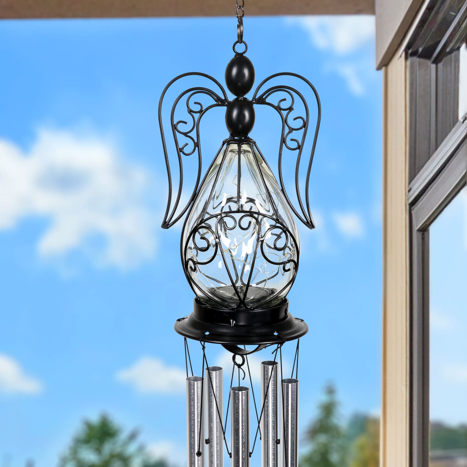 Solar Angel Glass and Metal Wind Chime with Fifteen LED Lights - Thumbnail 4