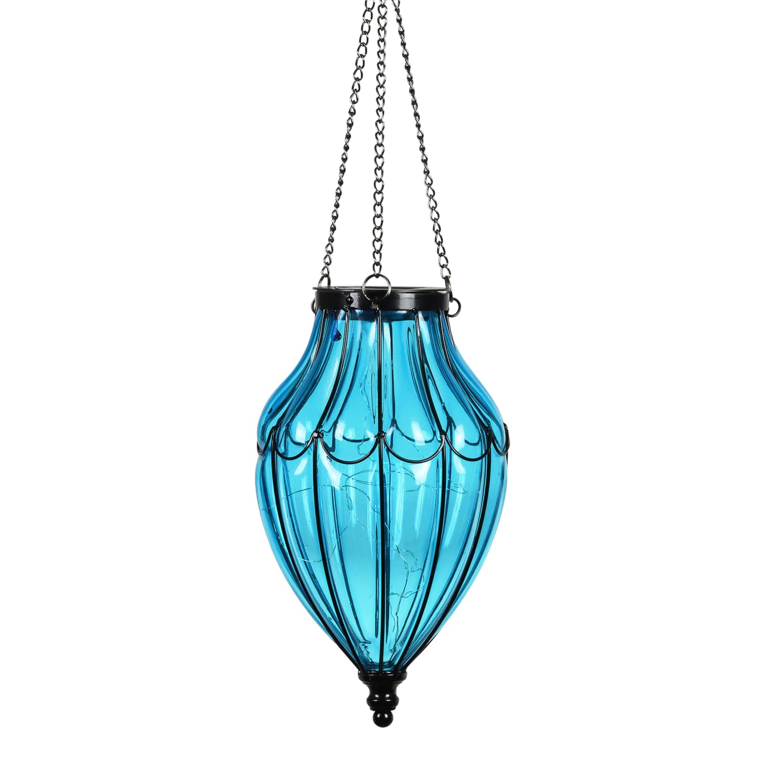 Solar Blue Glass Hanging Lantern with Waving Metal Pattern - Thumbnail 5