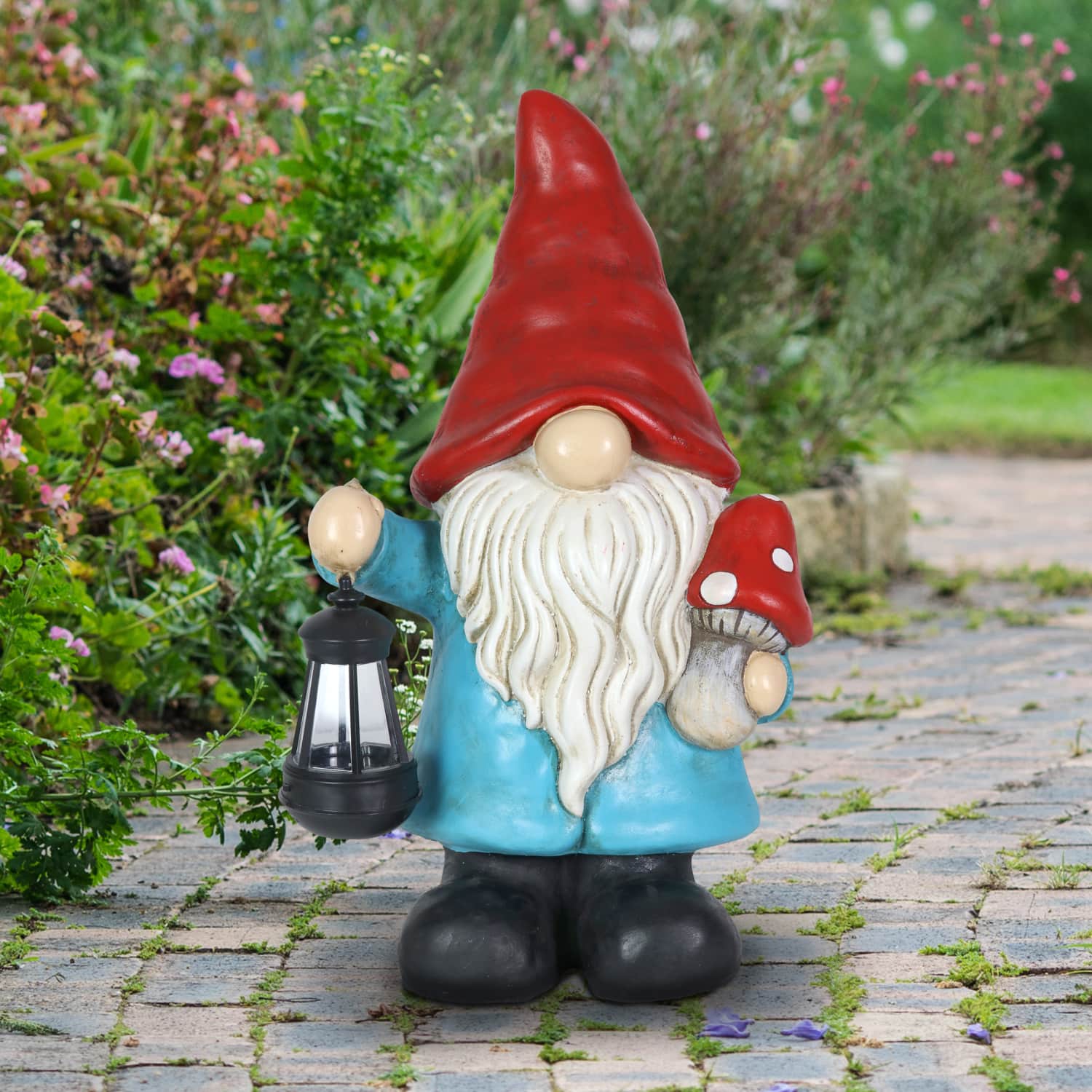 Garden Gnome With Solar Lantern and Mushroom Statuary - Thumbnail 3