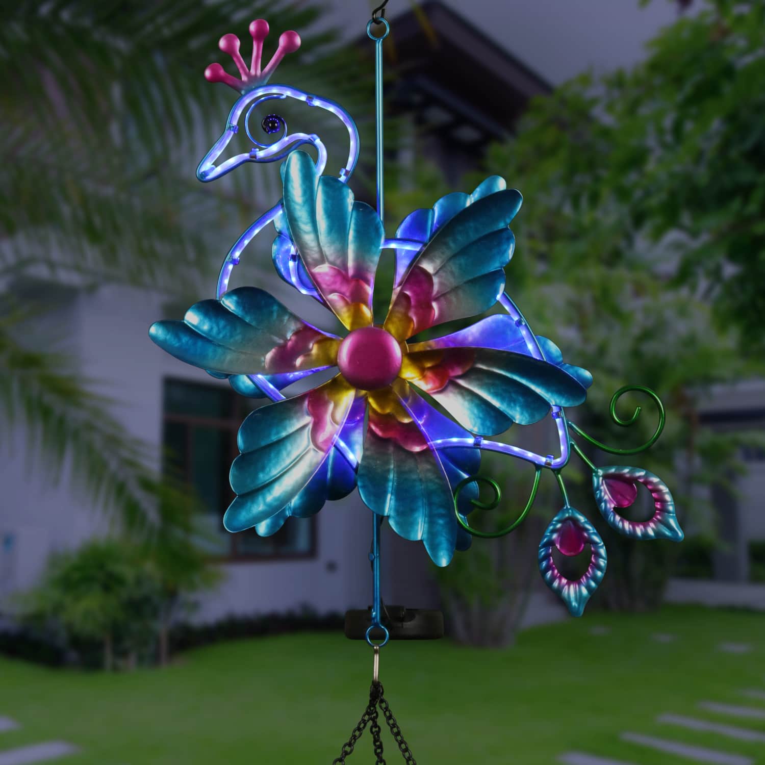 Solar Double Spinner Metal Peacock Wind Chime - Thumbnail 3