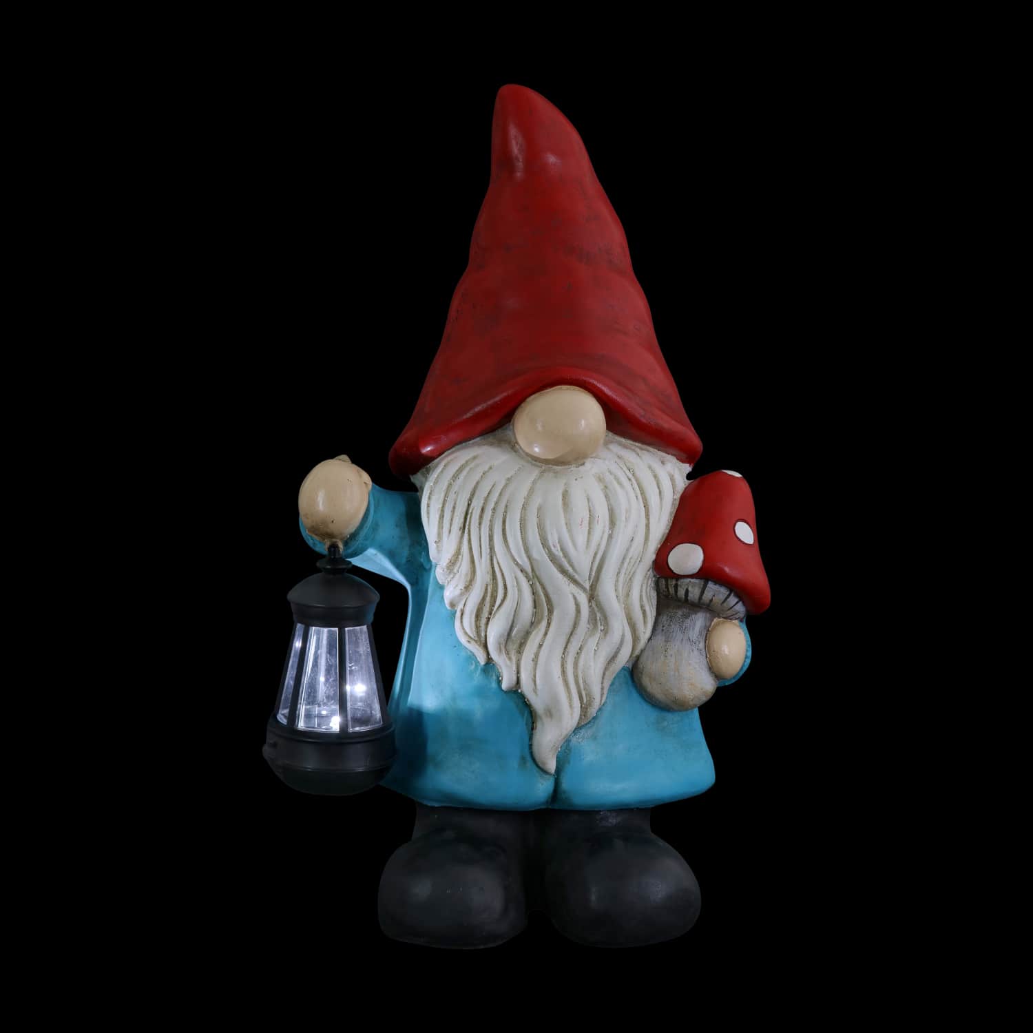 Garden Gnome With Solar Lantern and Mushroom Statuary - Thumbnail 2