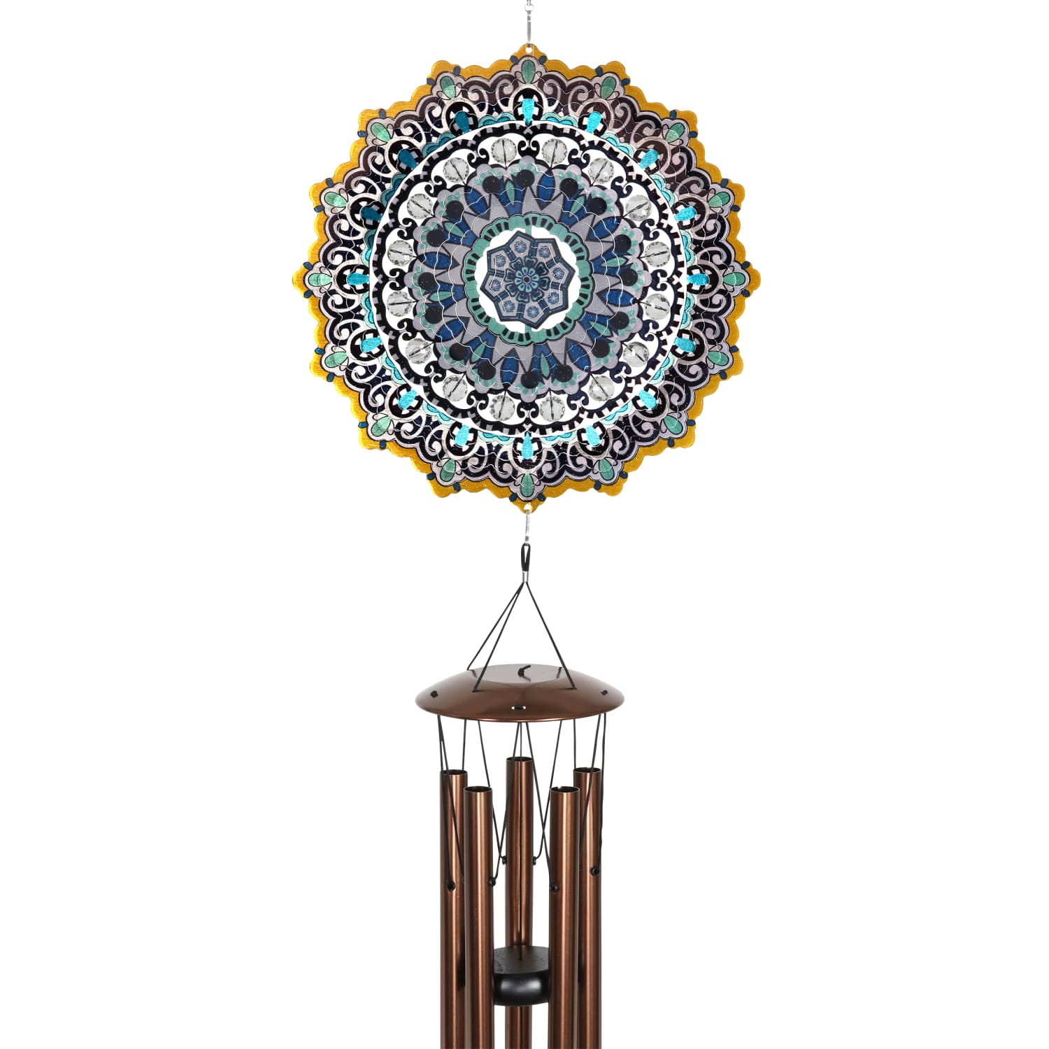 Art-In-Motion Laser Cut Metal Starburst Wind Chime Spinner with Beads and Blue Accents