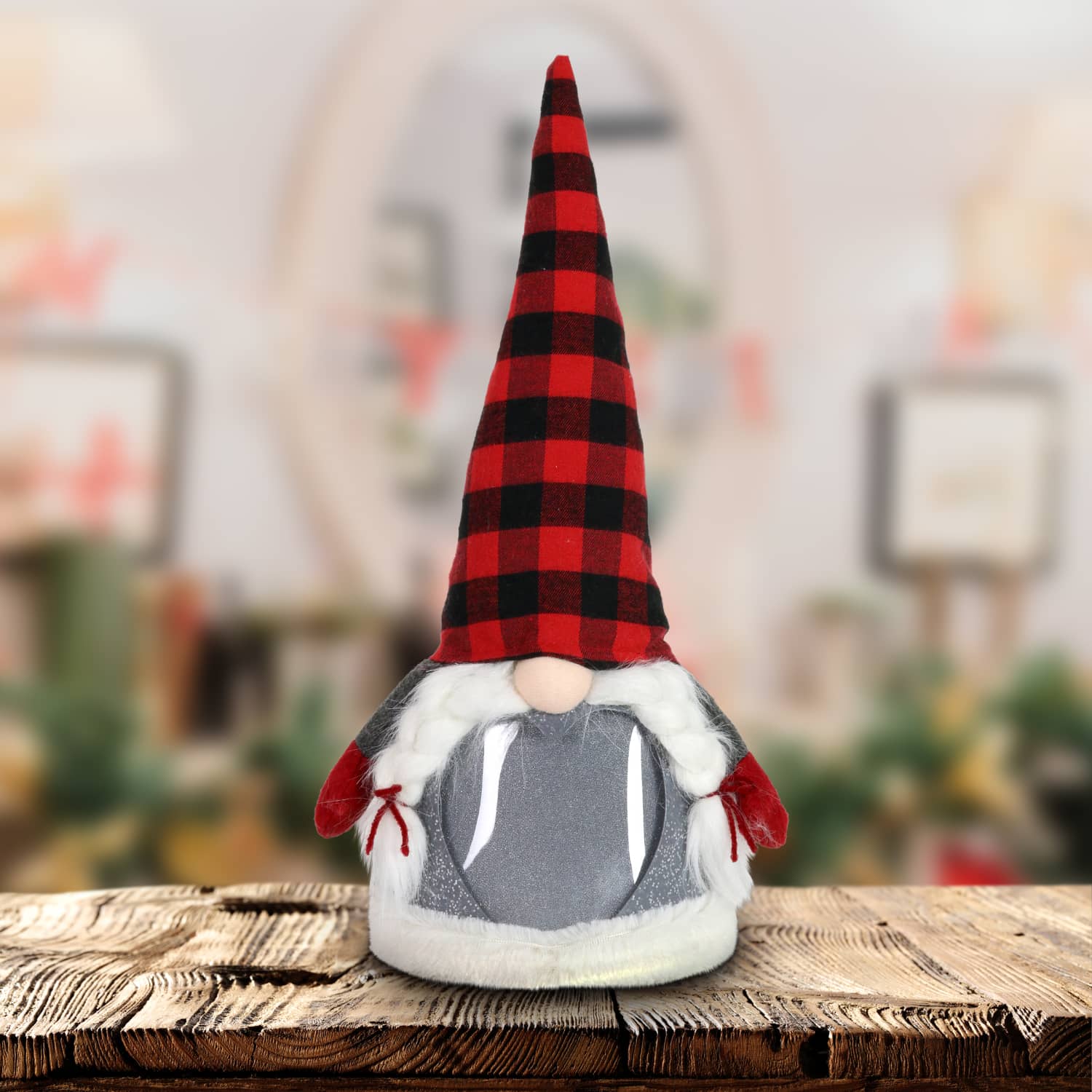 Red Plaid Hat Christmas Gnome with Sparkling LED Light Body - Thumbnail 2