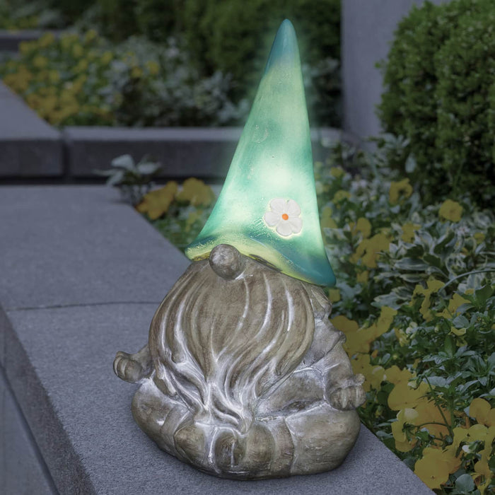Good Time Solar Gnamaste Meditating Gnome Statue with Teal Hat, 11 Inch