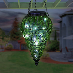 Solar Tear Shaped Glass and Metal Hanging Lantern in Green with 15 Cool White LED Fairy Firefly String Lights, 7 by 24 Inches | Exhart