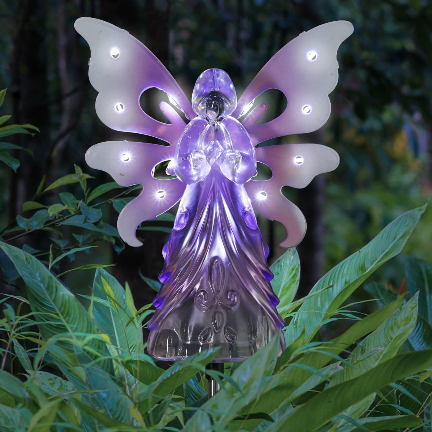 purple dressed black angel christmas light Solar Purple Acrylic Angel Stake with 13 LEDs, 6 Inch Body Size