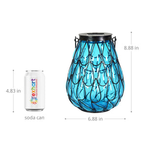 Solar Blue Glass in Caged Metal Tabletop Accent Lantern with 25 Firefly LEDs, 7"x9" | Shop Garden Decor by Exhart