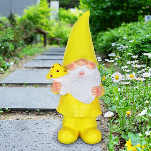 Solar Yellow Yokum Woodland Gnome with a Mushroom Garden Statue, 11 Inch | Shop Garden Decor by Exhart