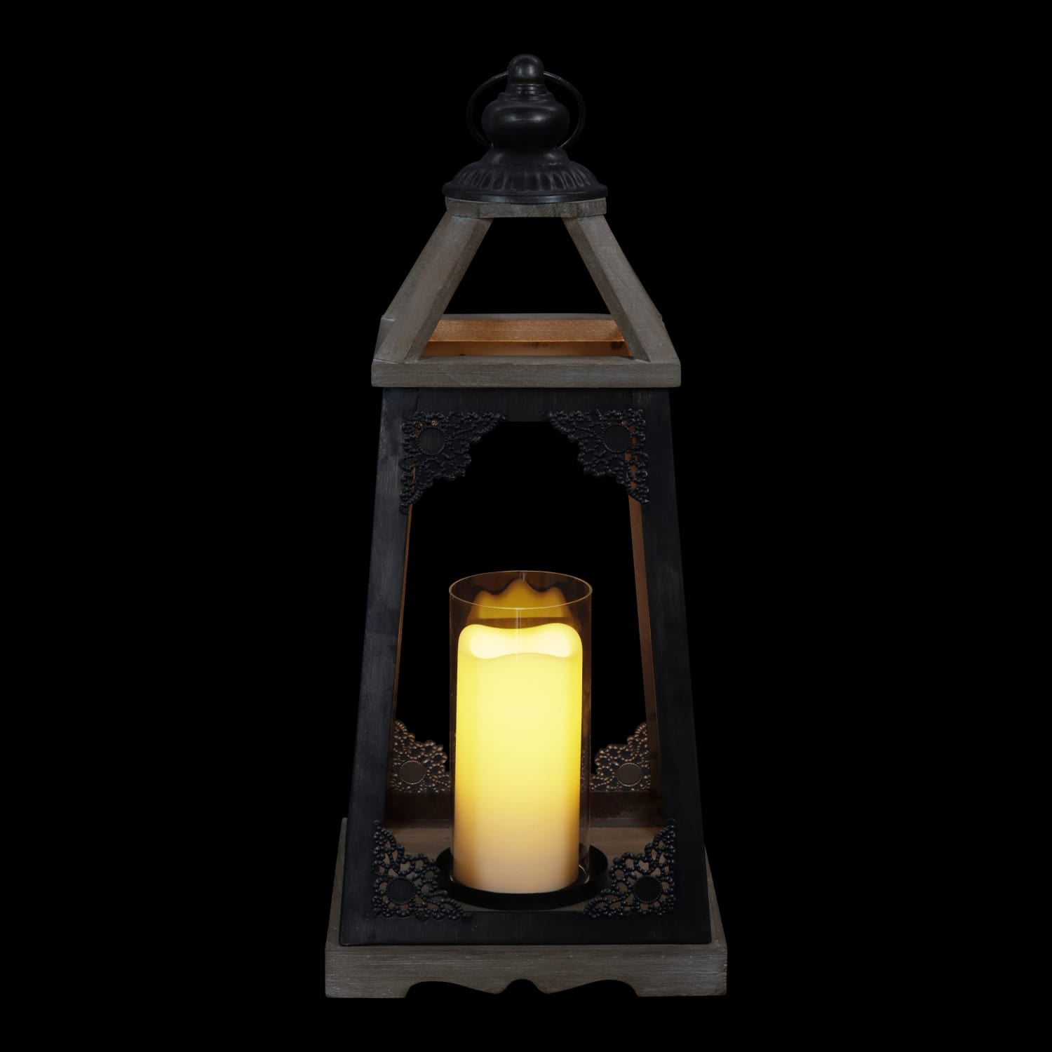 Antiqued Wood and Metal Candle Lantern with LED Candle - Thumbnail 5
