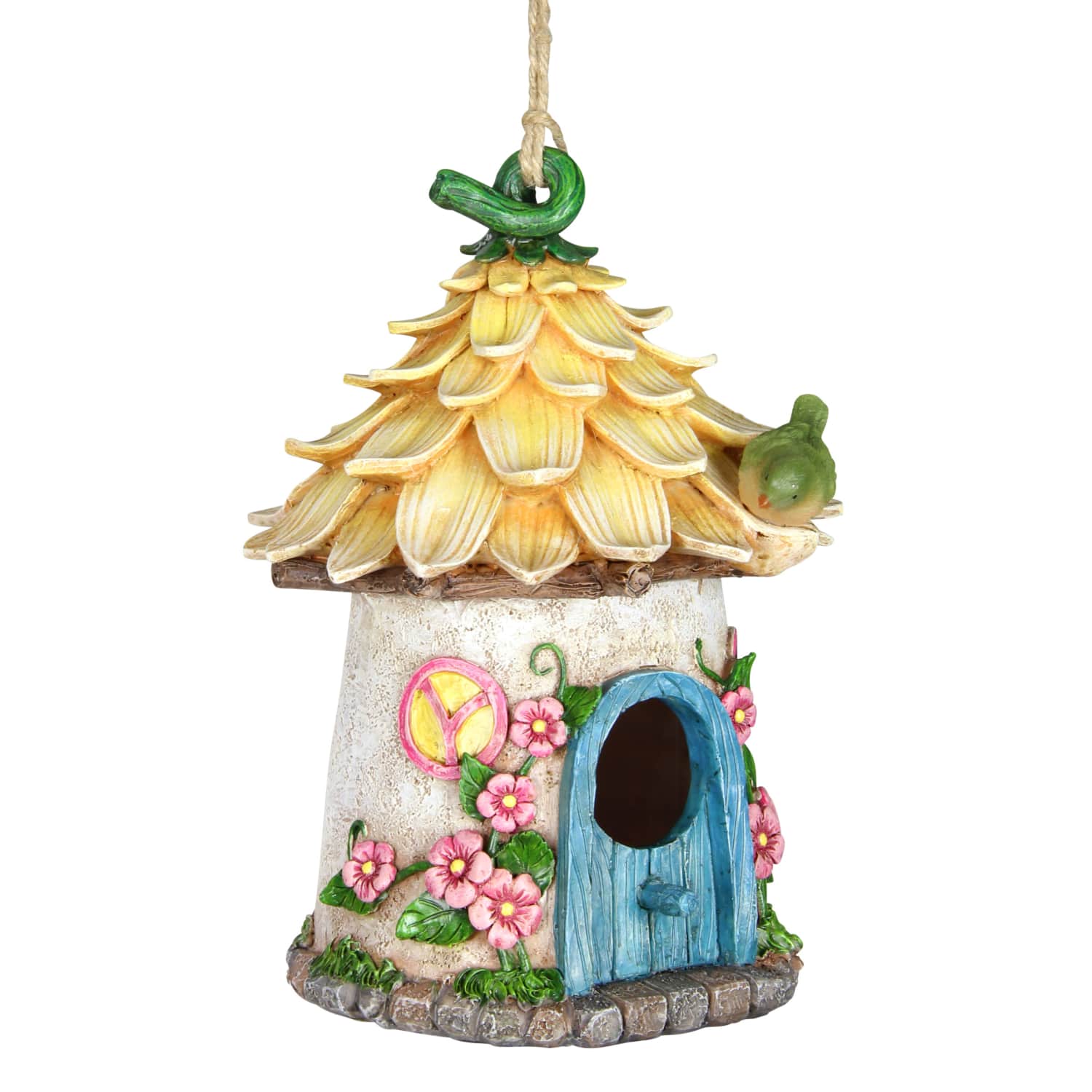 Solar Hand Painted Fairy House Hanging Bird House with Illuminating Bird
