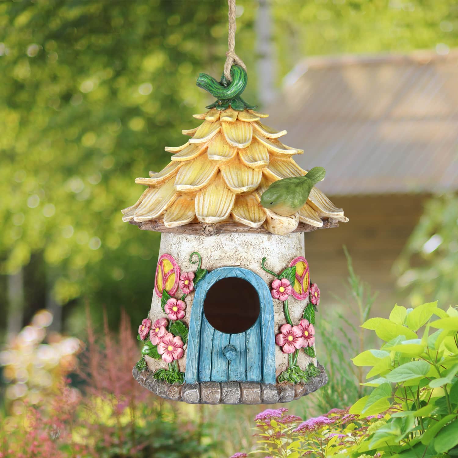 Solar Hand Painted Fairy House Hanging Bird House with Illuminating Bird - Thumbnail 4