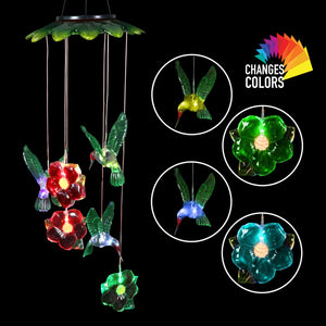 Solar Hummingbirds and Flowers Hanging Mobile with 6 Color Changing LEDs, 7 by 27.5 | Shop Garden Decor by Exhart