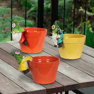 Three Piece Hand Painted Leaf Hat Pot Percher Gnome Set, 3.5 by 4.5 | Shop Garden Decor by Exhart